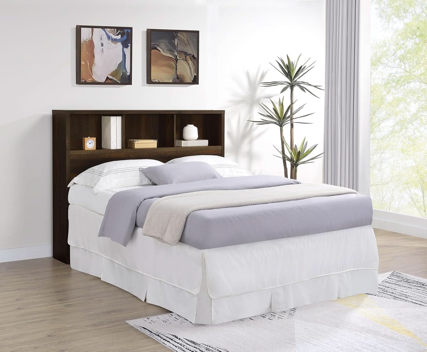 Queen Bookcase Headboard with Dark Pine Finish