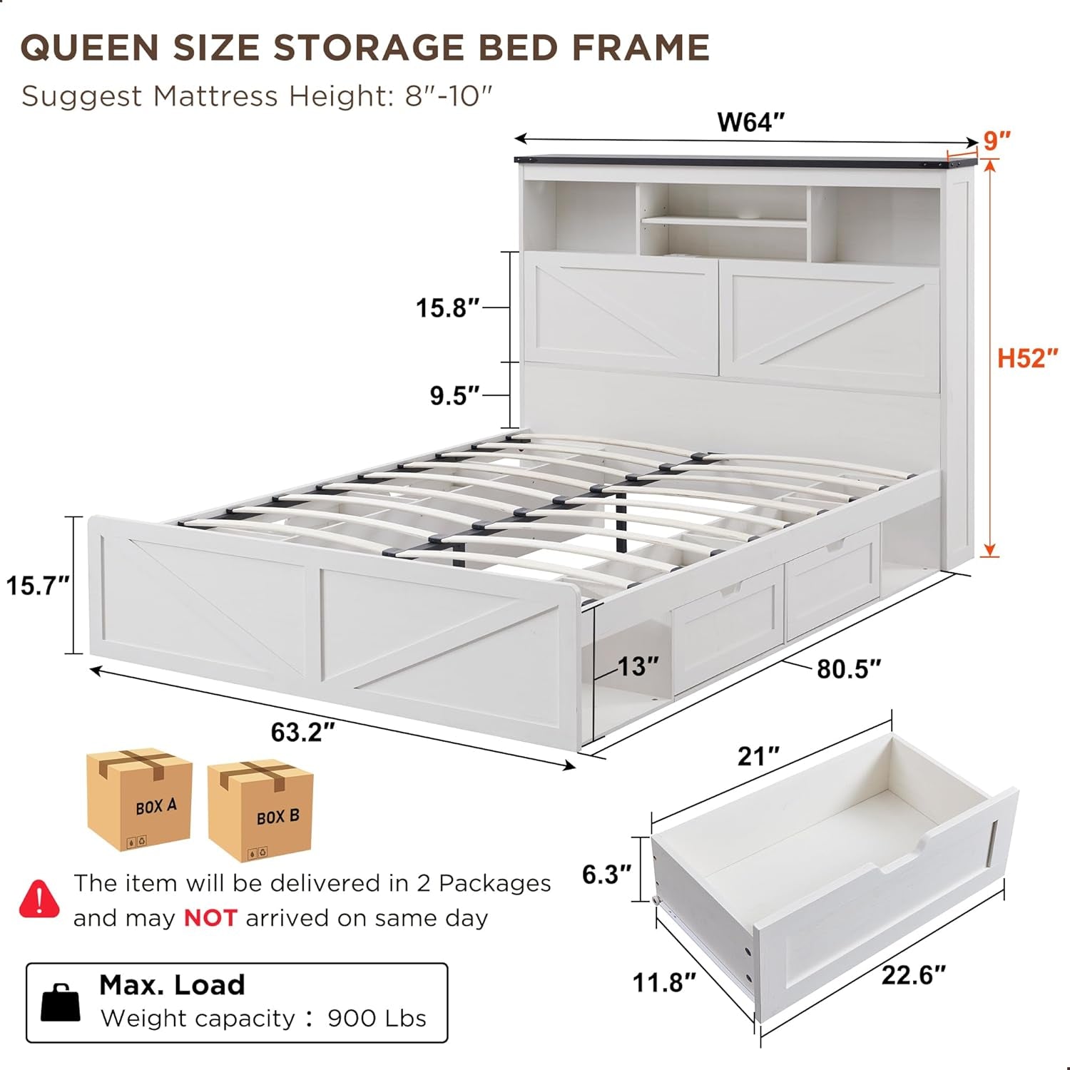 Queen Farmhouse Bed Frame With White Storage Headboard