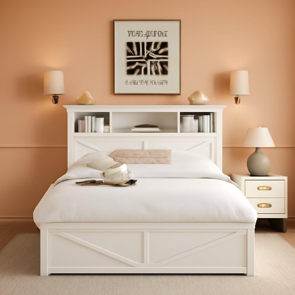 Queen Farmhouse Bed Frame With White Storage Headboard