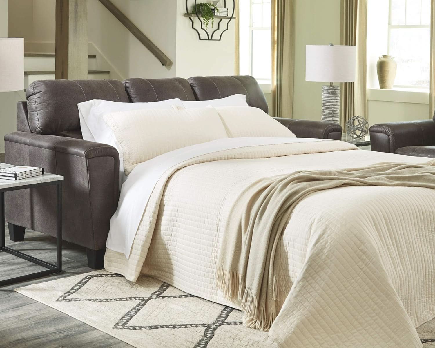 Queen Faux Leather Contemporary Sleeper Couch Gray