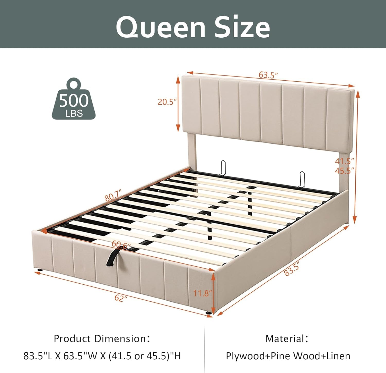 Queen Size Beige Gas Lift Platform Bed With Storage