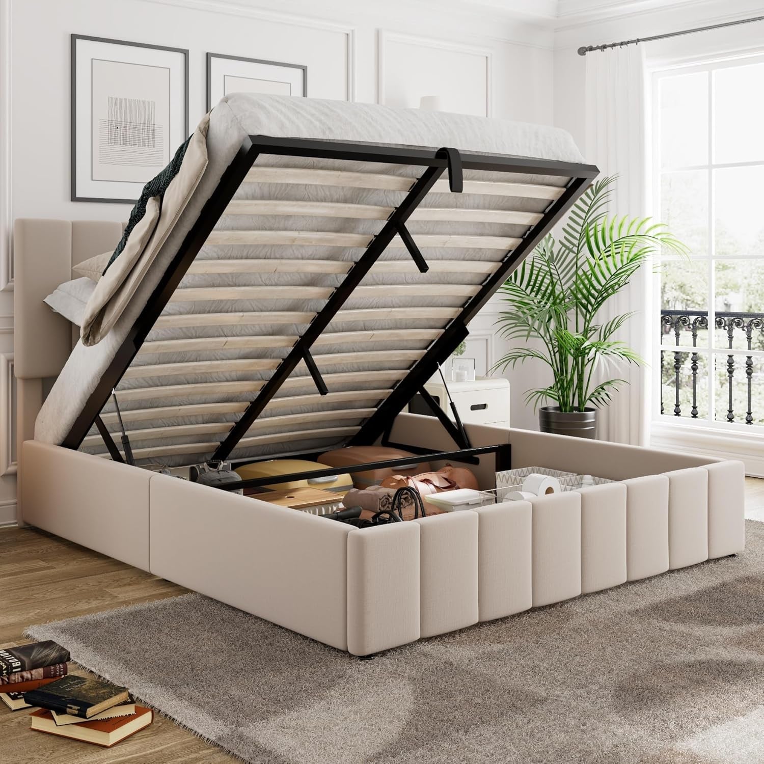 Queen Size Beige Gas Lift Platform Bed With Storage