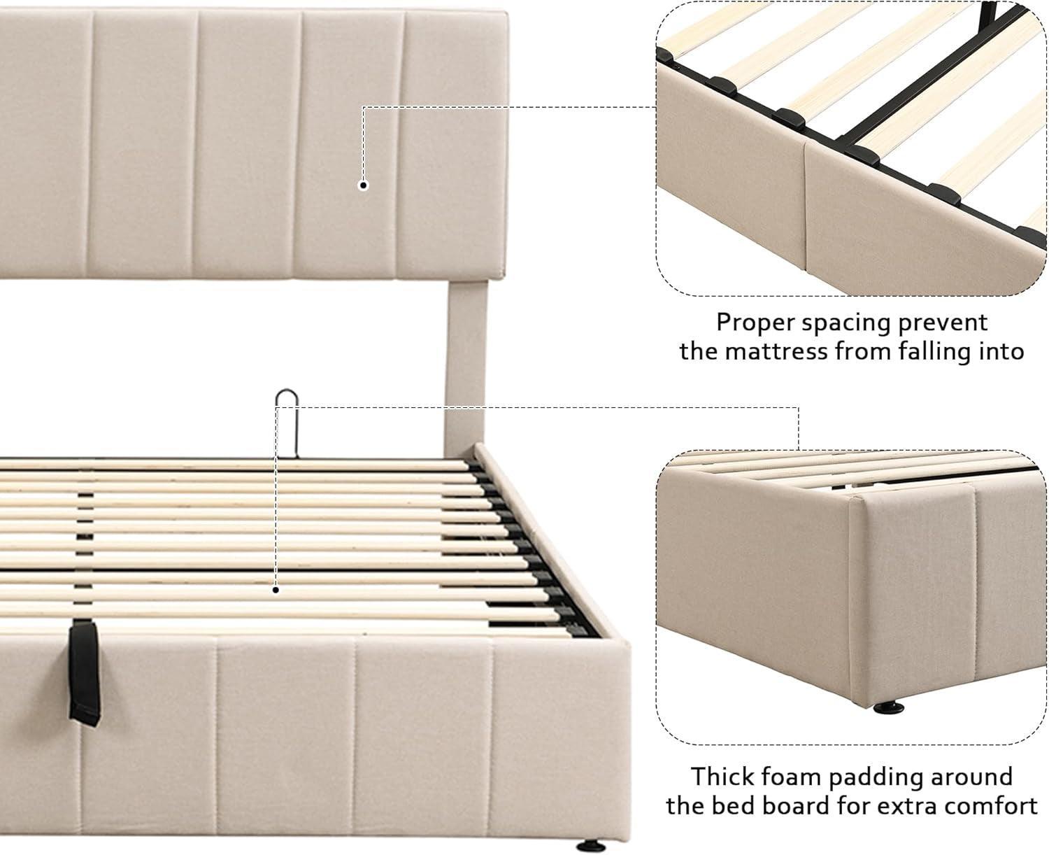 Queen Size Beige Gas Lift Platform Bed With Storage