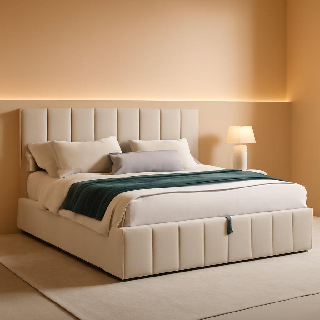 Queen Size Beige Gas Lift Platform Bed With Storage