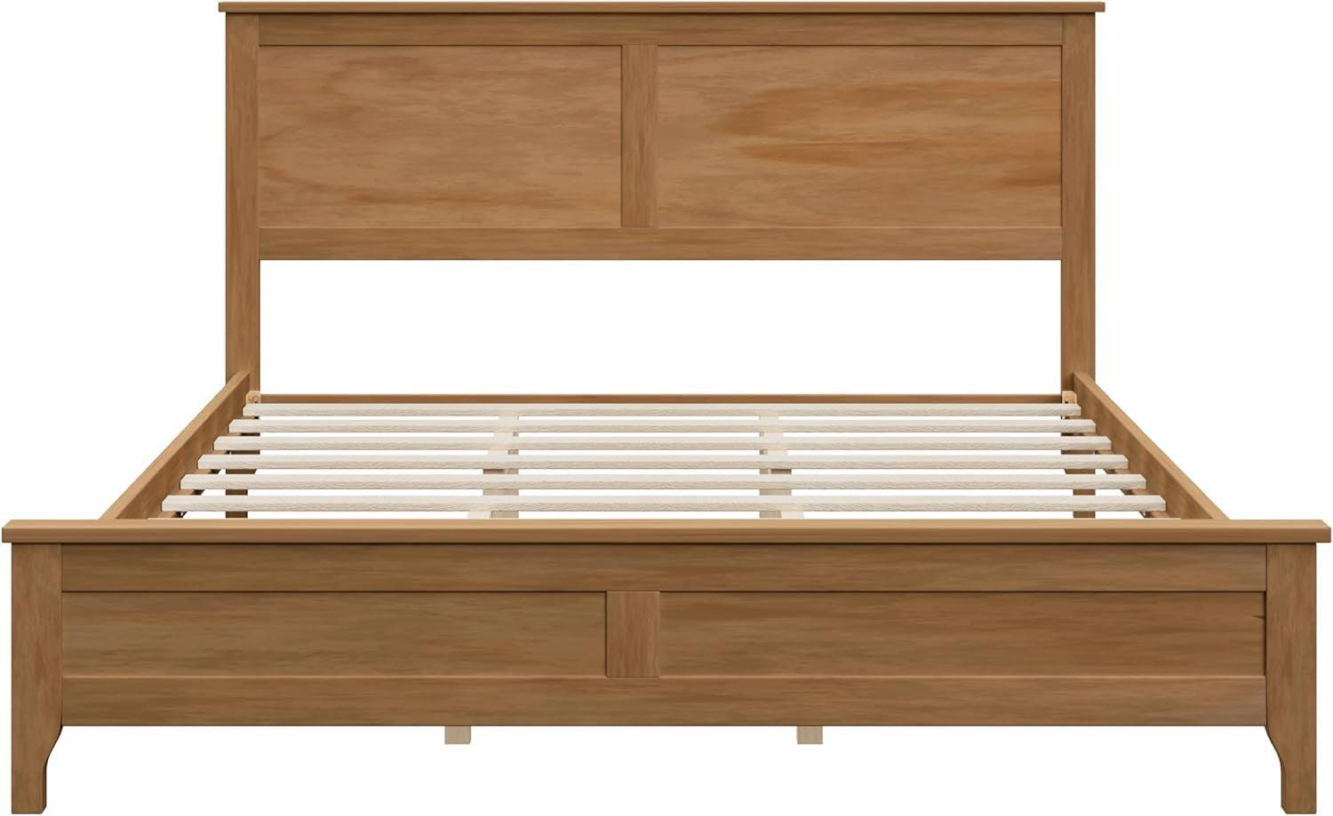 Queen Size Platform Bed Pine Wood Headboard Natural Finish