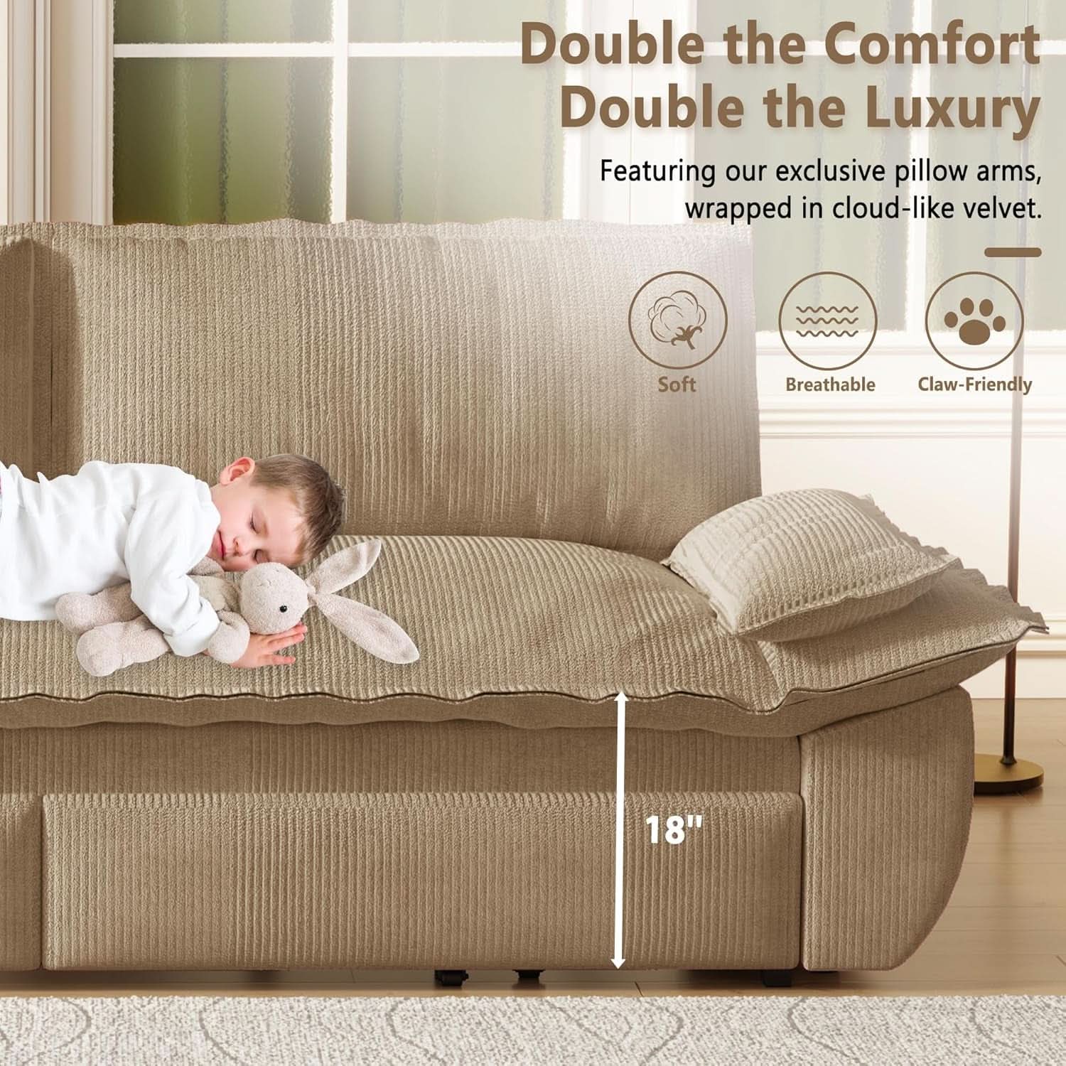 Queen Size Premium Convertible Sofabed Camel Corduroy