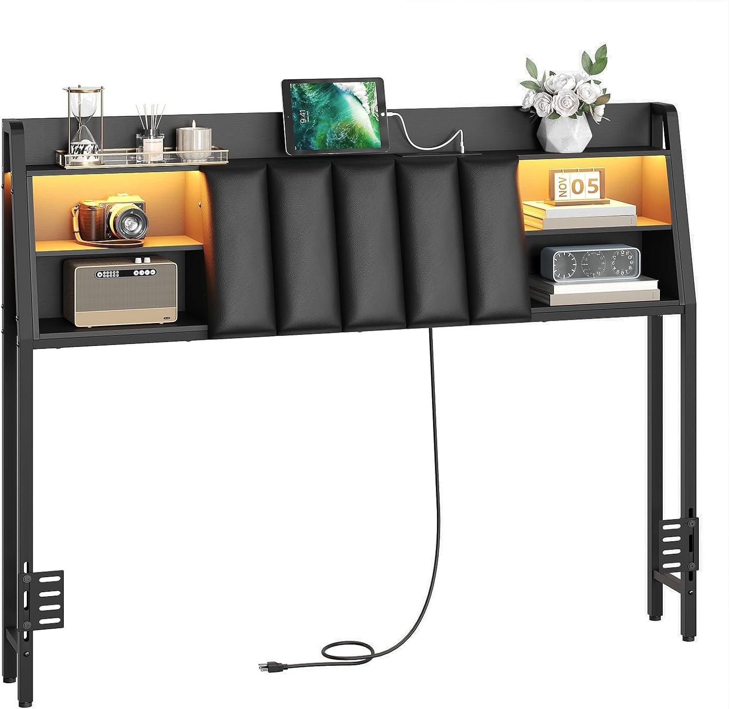 Queen Size Upholstered Headboard with LED Light Charging Station