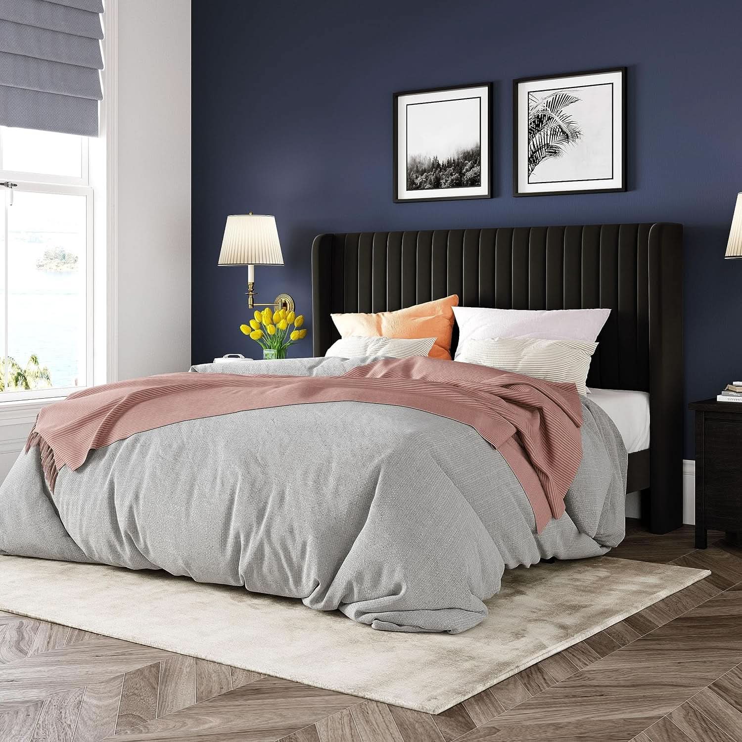 Queen Size Velvet Bed Frame With Wingback Headboard Storage