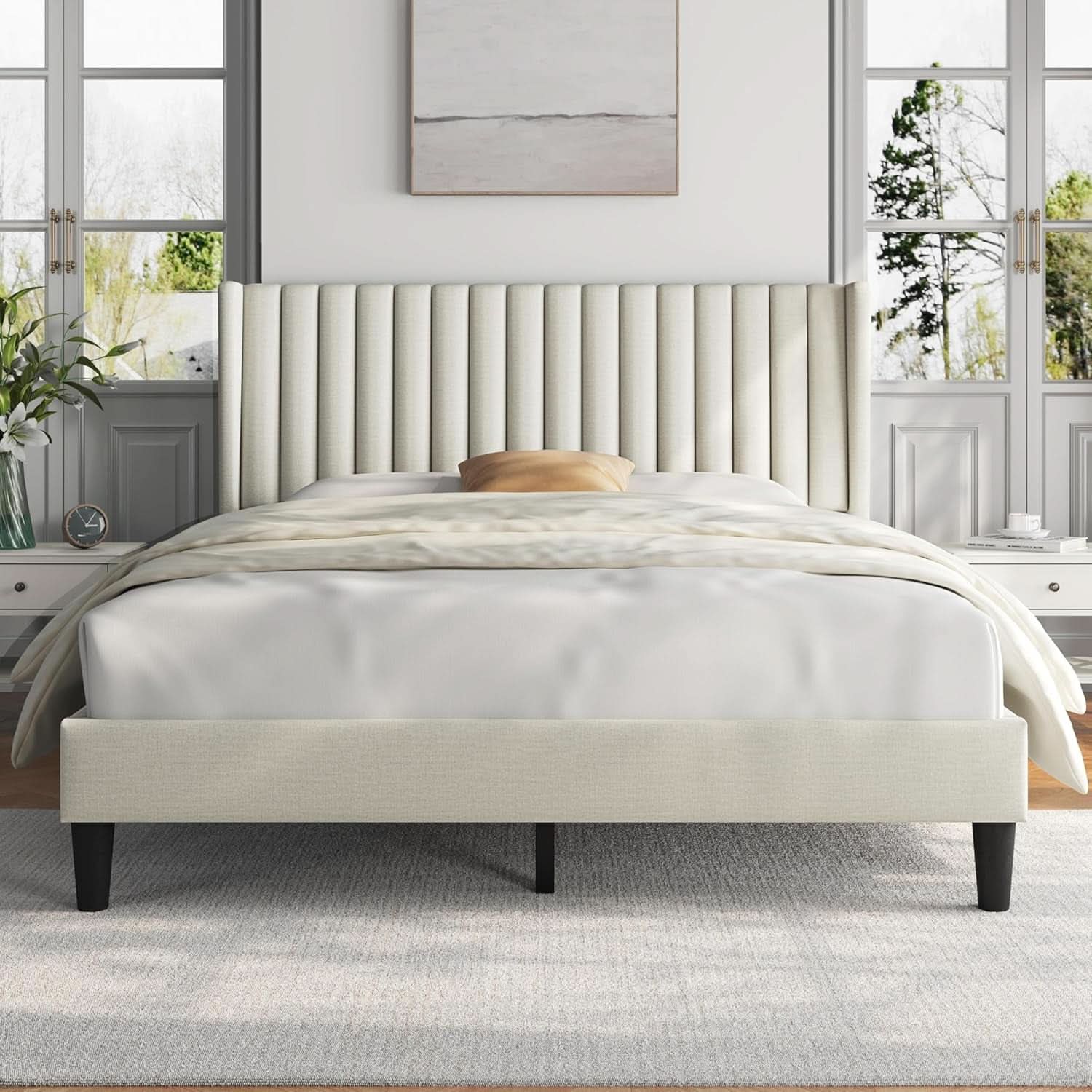 Queen Upholstered Platform Bed With Beige Headboard