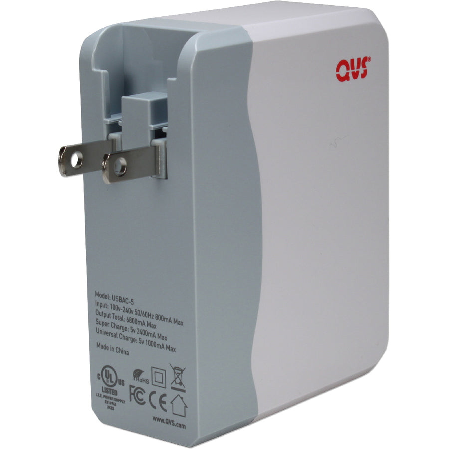 Qvs 5-Port 6.8Amp Usb Universal Ac Charger With Folding Power Plug