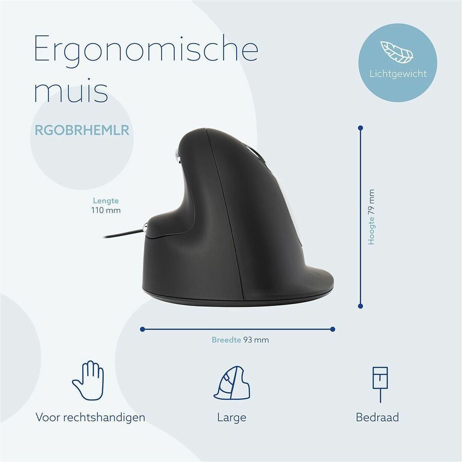 R-Go HE Break ergonomic mouse, vertical mouse with break software, prevents RSI, large (hand length &ge; 185mm), right handed, wired, black RGOBRHEMLR