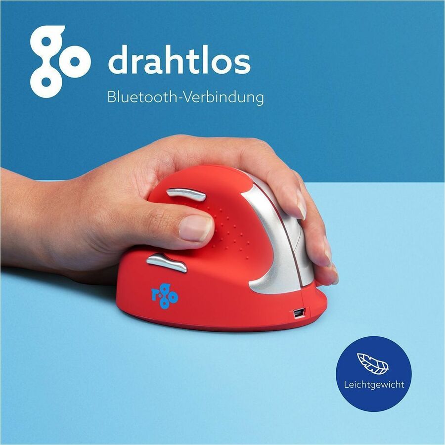 R-Go HE Sport ergonomic mouse, vertical mouse, prevents RSI, medium (hand length 165-185mm), left handed, wireless Bluetooth connection, red RGOHEREDL