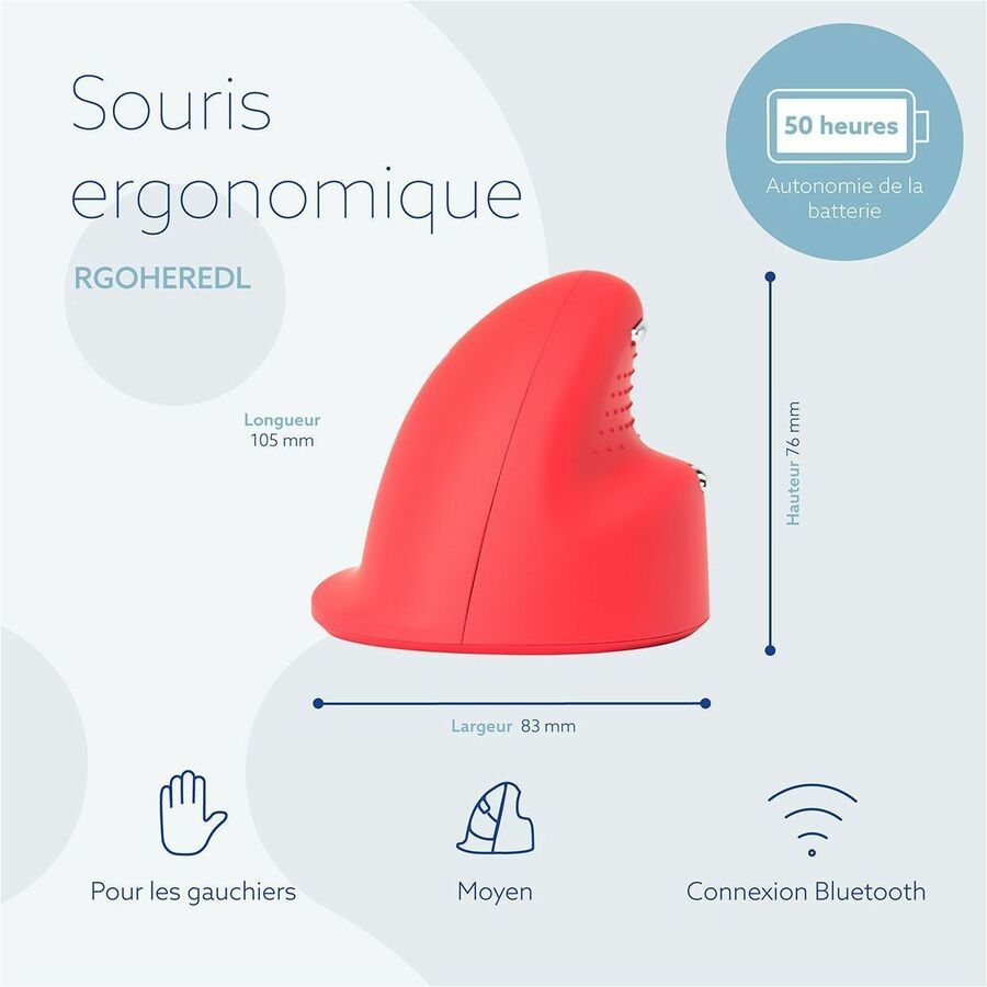 R-Go HE Sport ergonomic mouse, vertical mouse, prevents RSI, medium (hand length 165-185mm), left handed, wireless Bluetooth connection, red RGOHEREDL