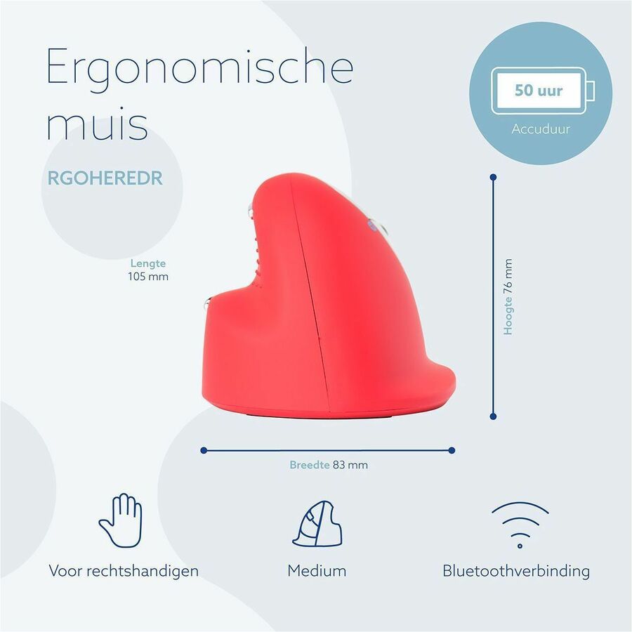 R-Go HE Sport ergonomic mouse, vertical mouse, prevents RSI, medium (hand length 165-185mm), right handed, wireless Bluetooth connection, red RGOHEREDR