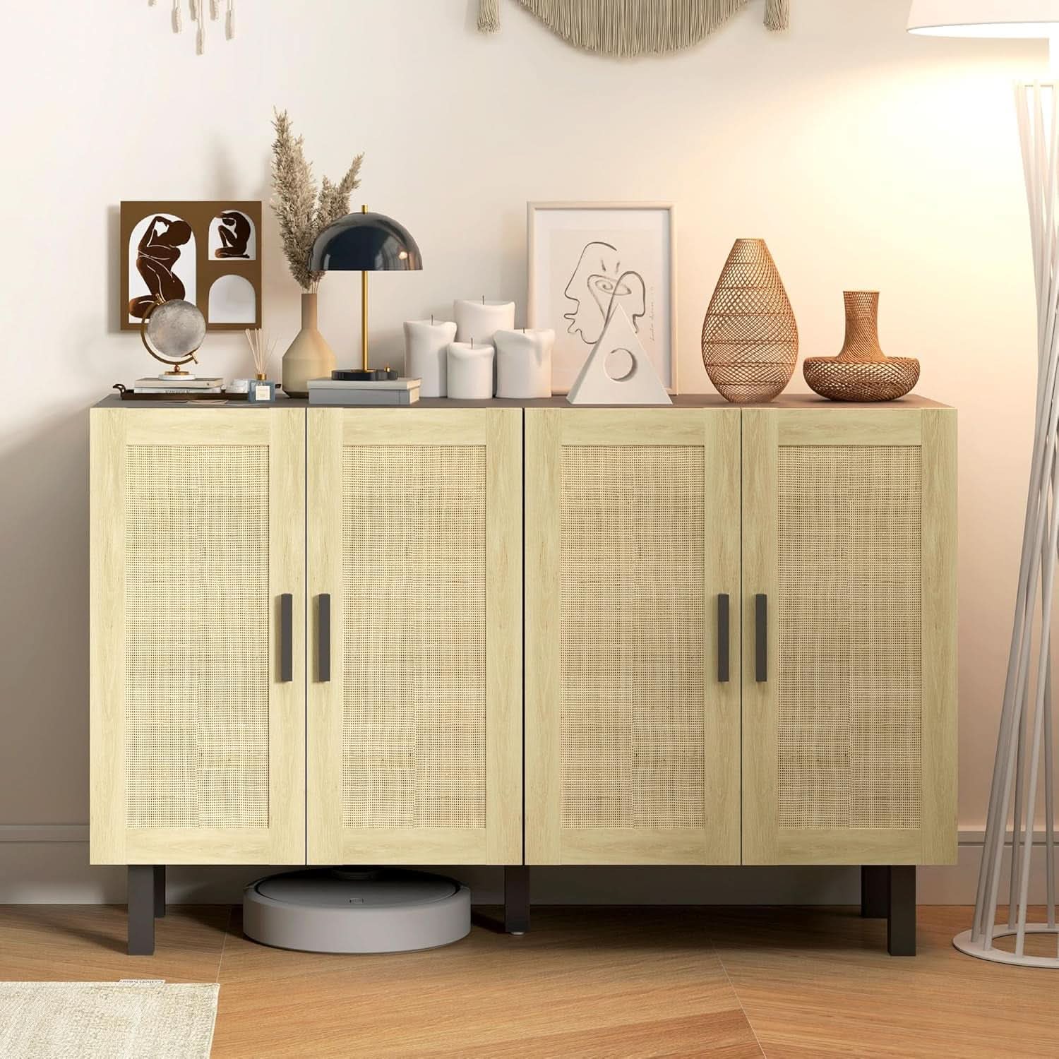 Rattan Door Sideboard Cabinet With Adjustable Shelves Boho Black And Natural