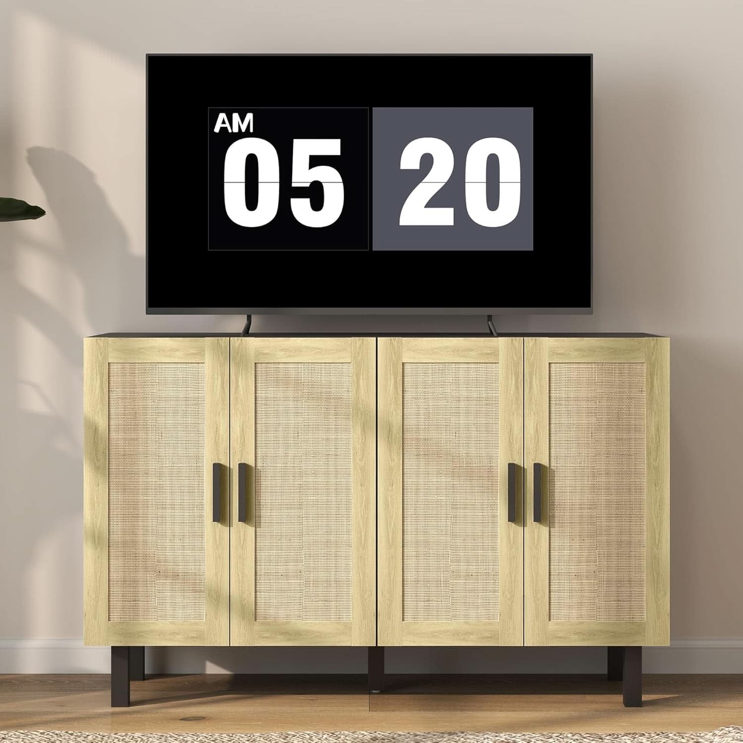 Rattan Door Sideboard Cabinet With Adjustable Shelves Boho Black And Natural