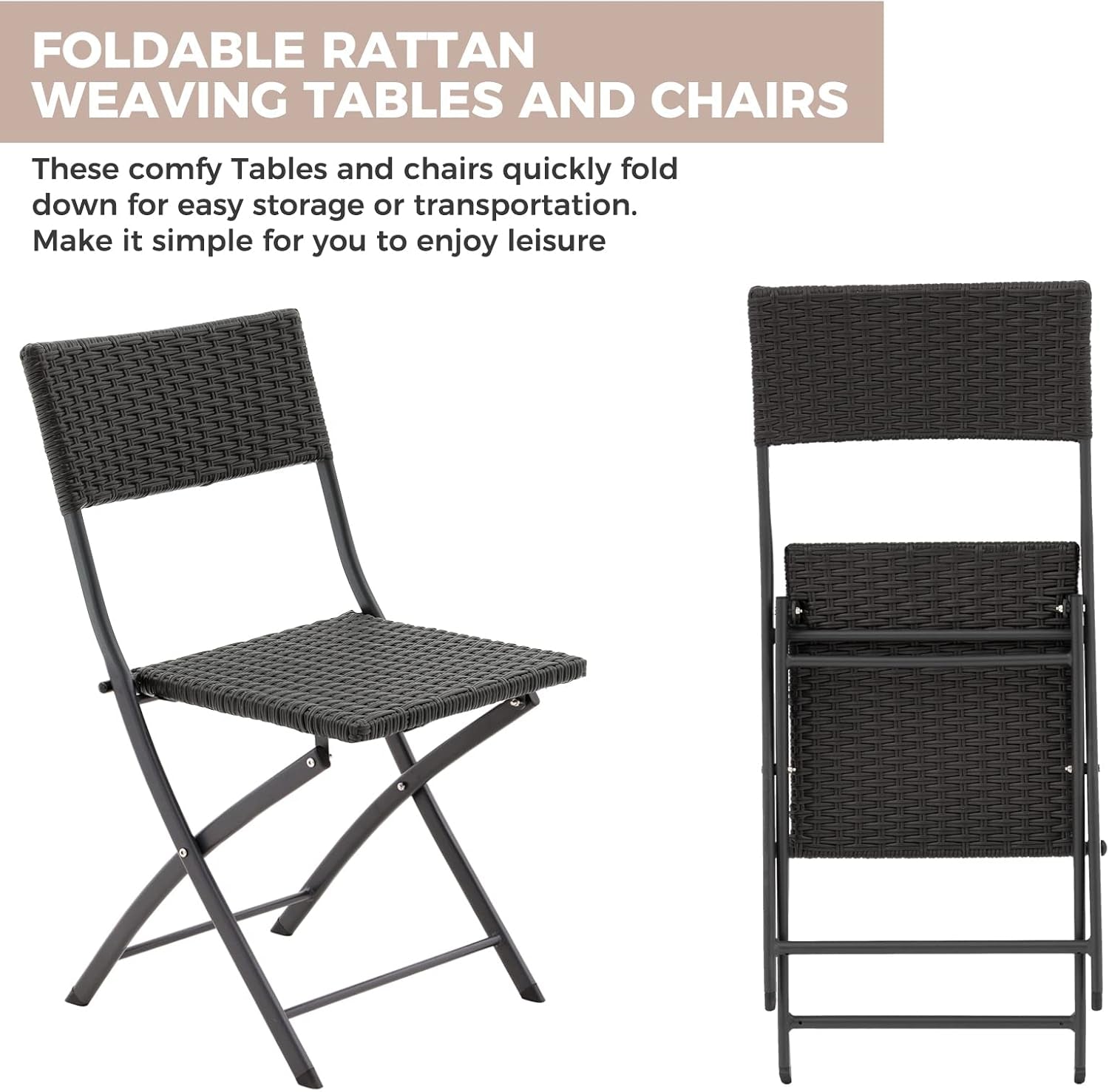 Rattan Patio Bistro Set 3 Piece Foldable Outdoor Black