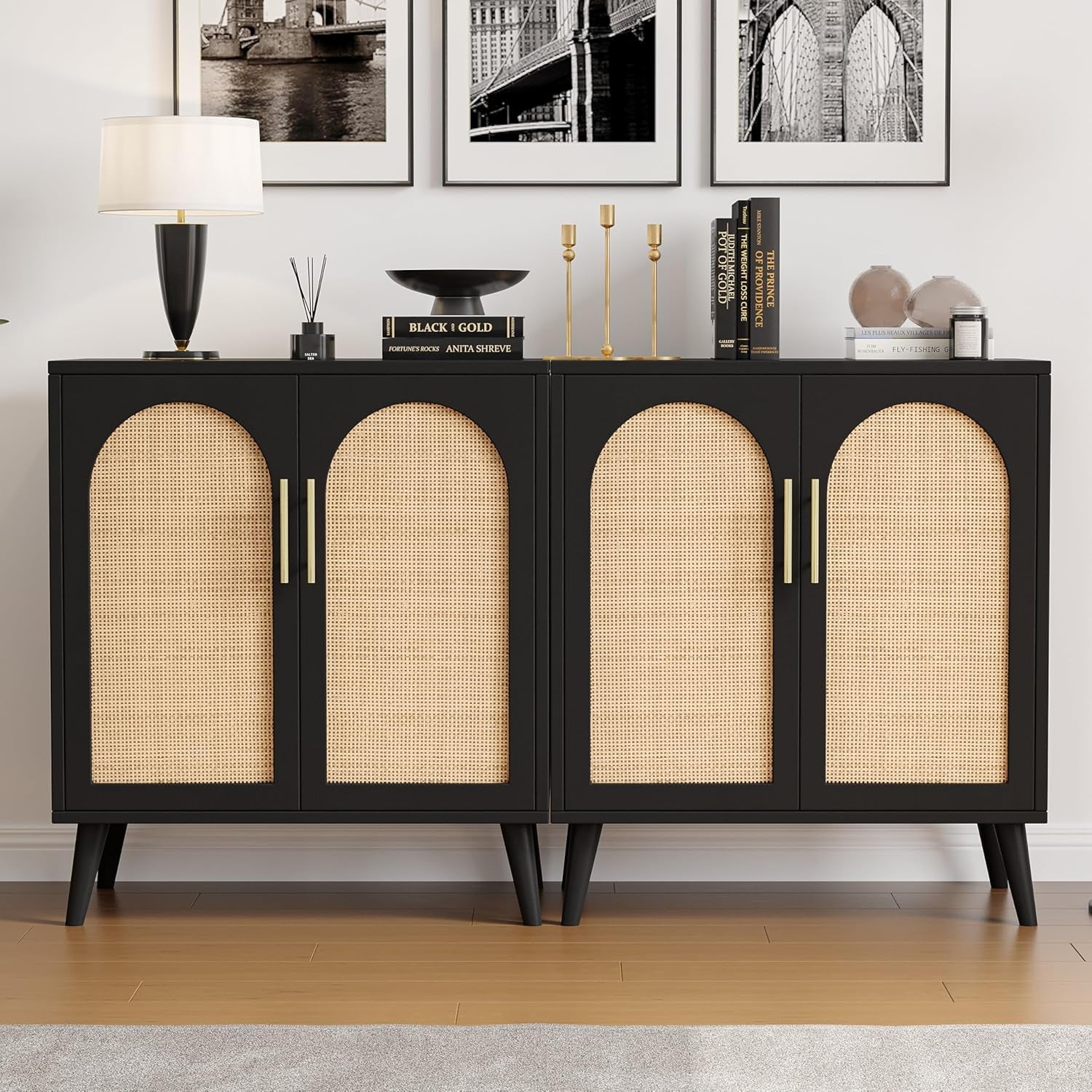 Rattan Storage Cabinet Black And Natural 29.5In L Doors