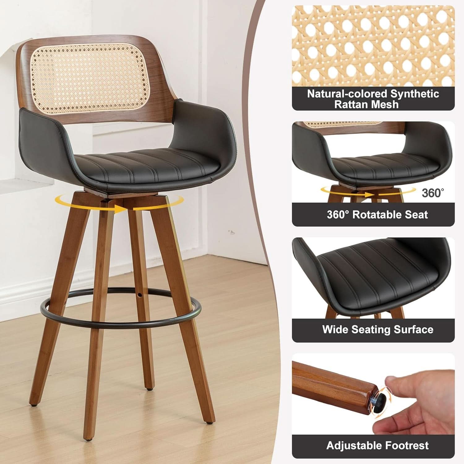 Rattan Swivel Bar Stools Counter Height Black 29.7in 3 Pack
