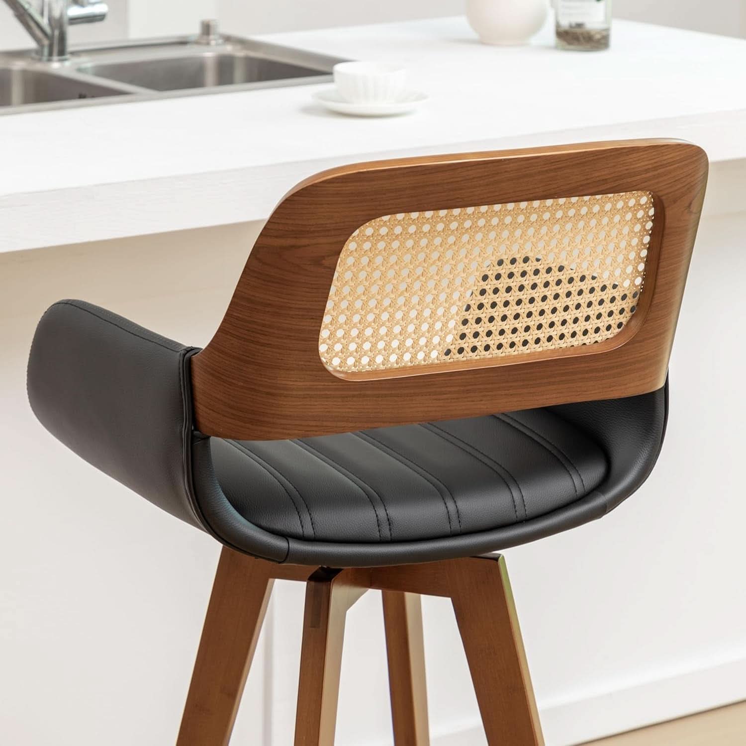 Rattan Swivel Bar Stools Counter Height Black 29.7in 3 Pack