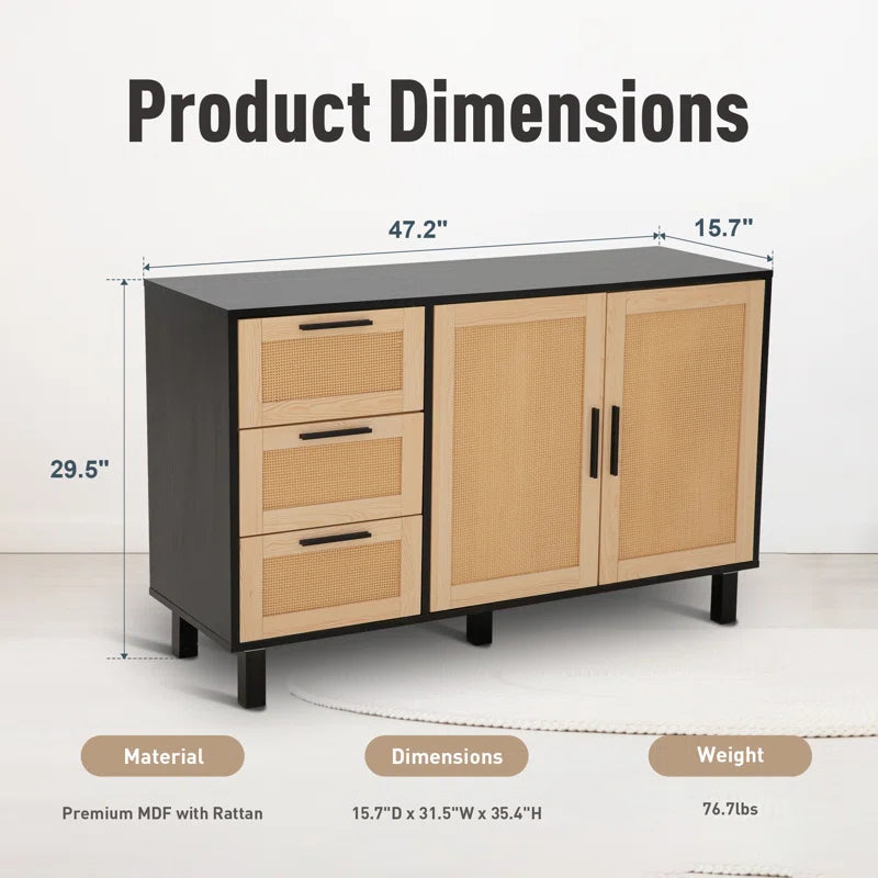 Rattan Two Door Accent Cabinet With Three Drawers Storage