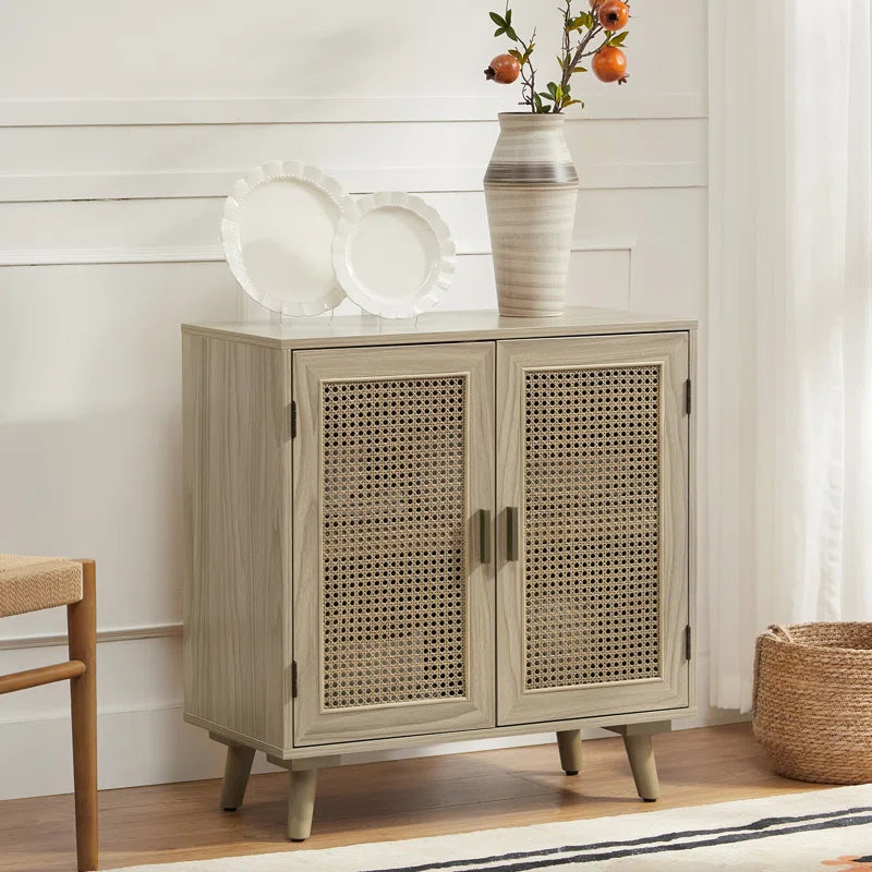 Rattan Weave Doorway Accent Cabinet With Solid Wood Legs Two Doors