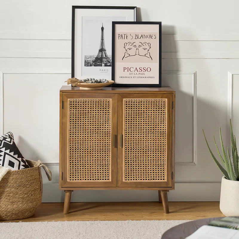 Rattan Weave Doorway Accent Cabinet With Solid Wood Legs Two Doors