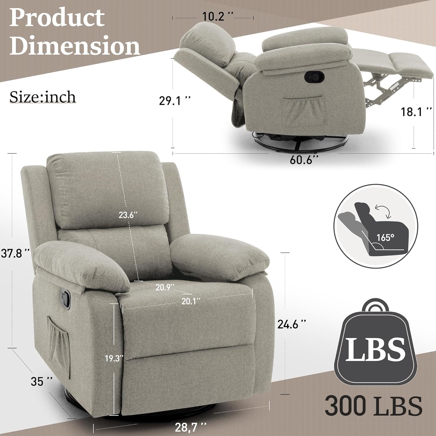 Recliner Chair 360 Degree Swivel Rocker For Small Spaces