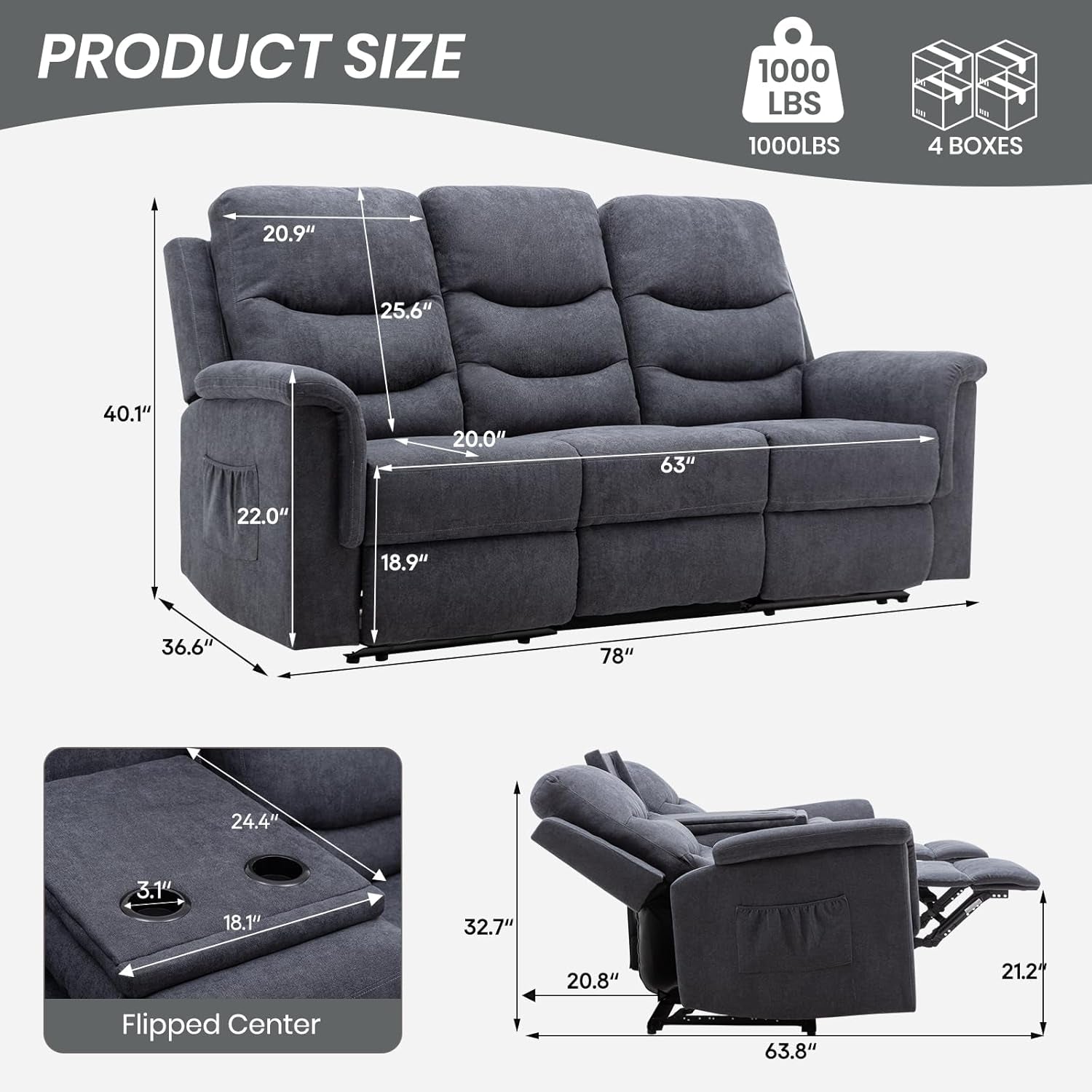 Reclining Sofa With Flip Console Three Seater Cupholders