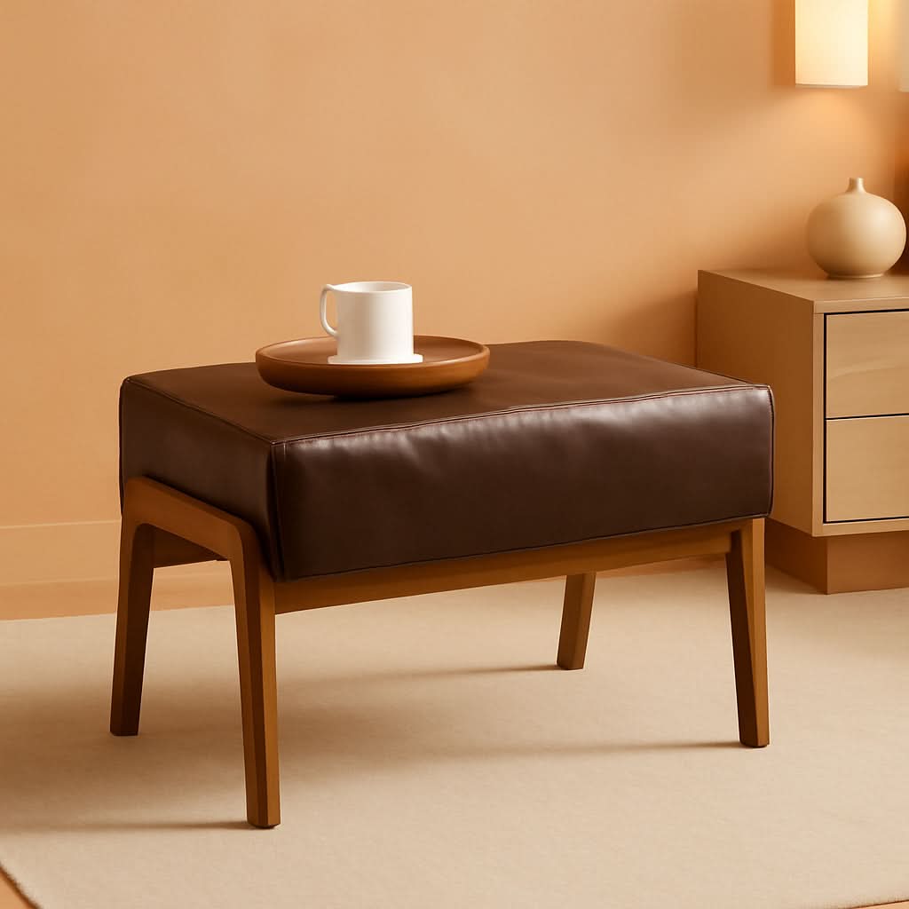 Rectangular Leather Ottoman Bench Twenty Four Point Five Inches Walnut
