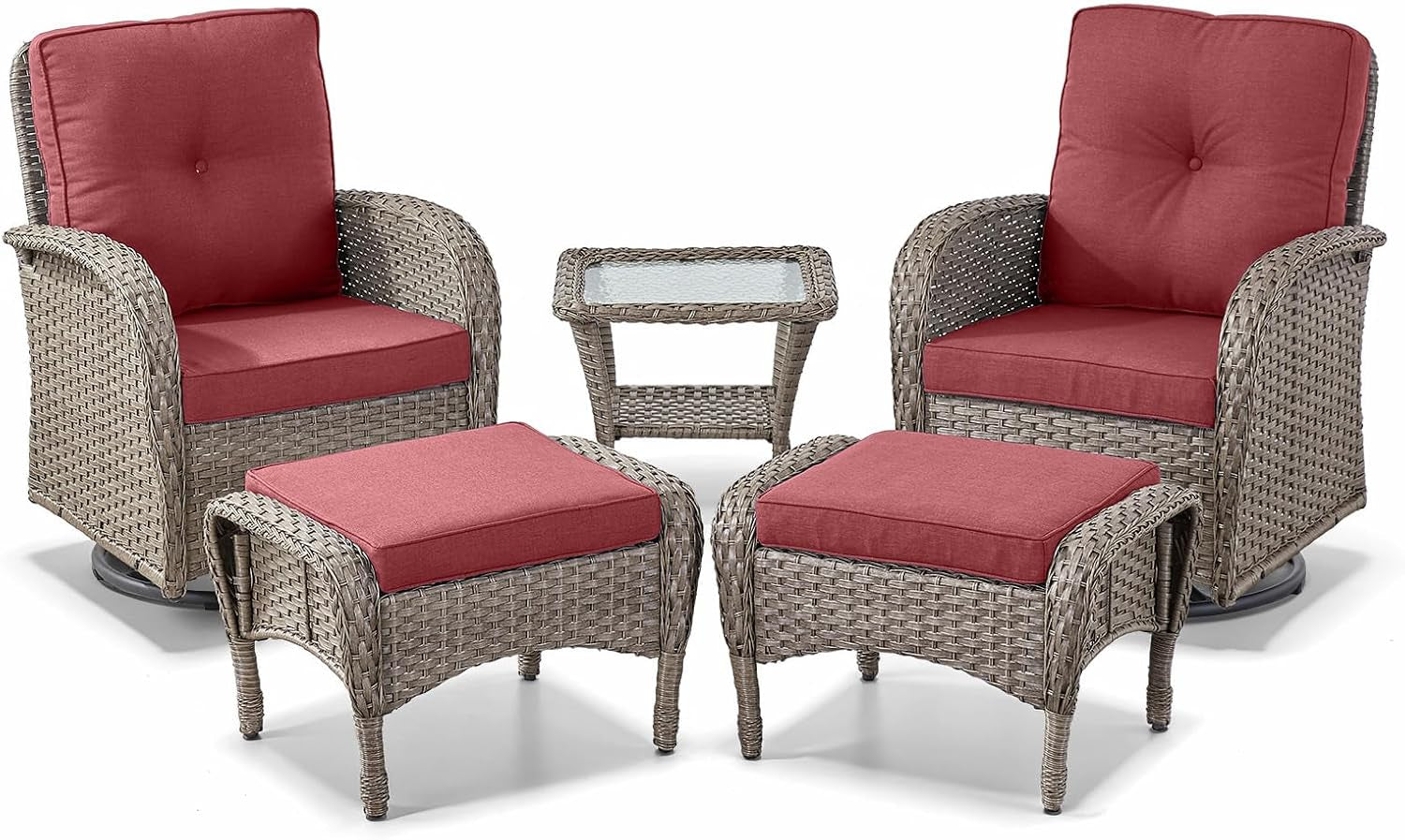 Red 5 Piece Wicker Patio Furniture Set With Swivel Rockers