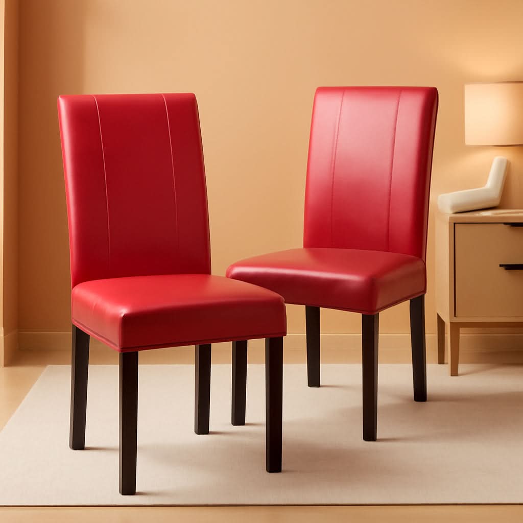 Red Leatherette Padded Parson Chair Set of 2 Solid Wood Dining