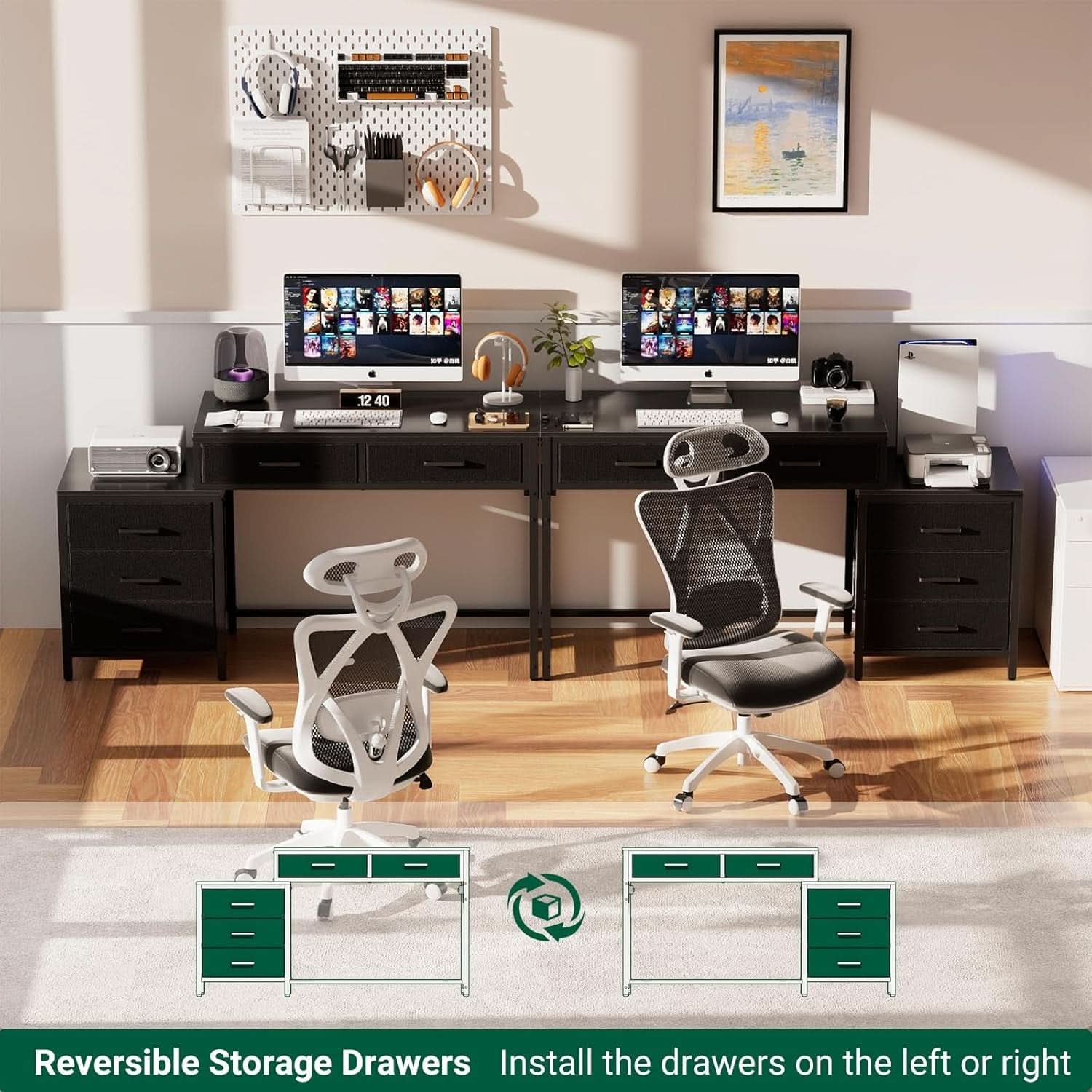 Reversible Computer Desk With Drawers And USB Ports