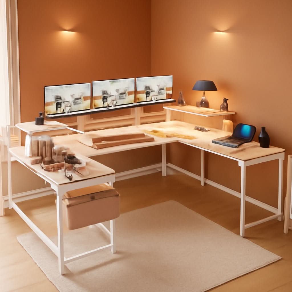 Reversible U Shaped Office Desk with RGB LED Lights