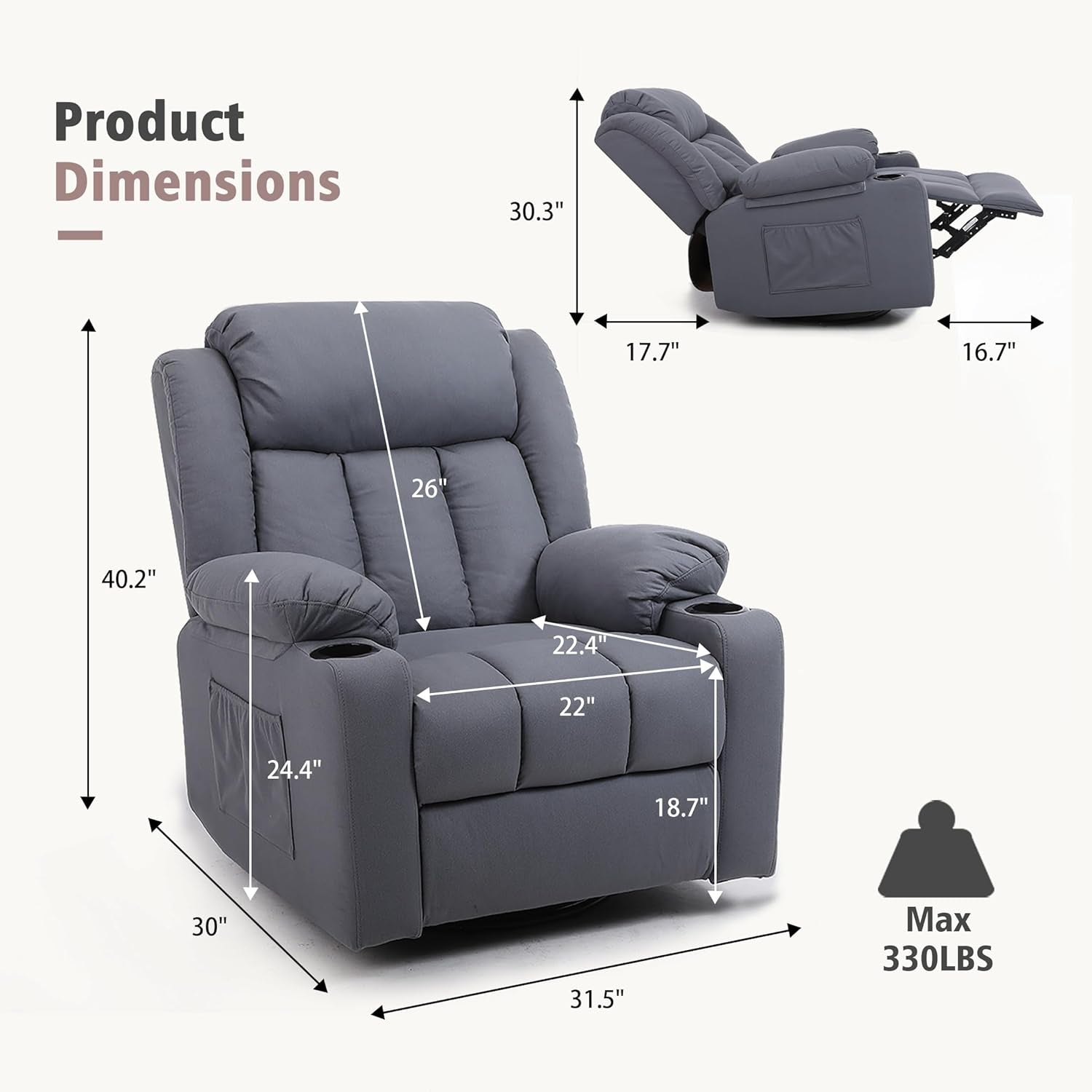 Rocker Swivel Recliner Chair Massage And Heat Tech Grey
