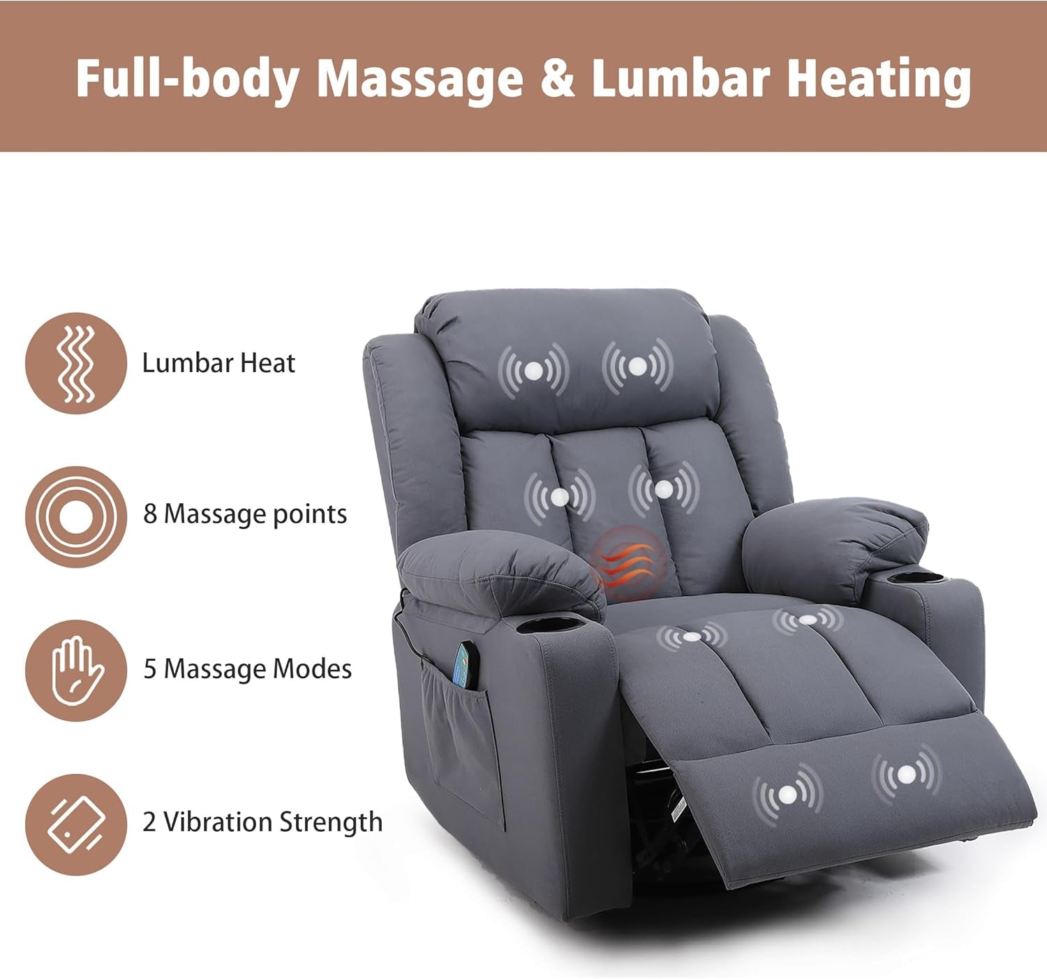 Rocker Swivel Recliner Chair Massage And Heat Tech Grey