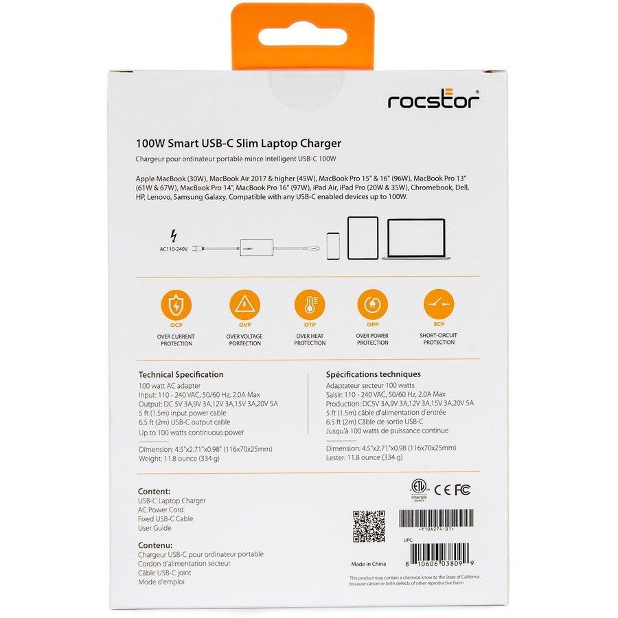 Rocstor 100W Smart USB-C Laptop Power Adapter Charger Y10A274-B1