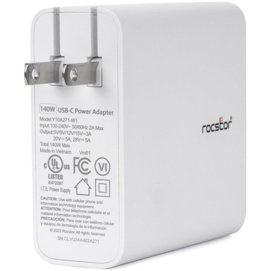 Rocstor 140W Smart USB-C&trade; Power Adapter AC Charger. Compatible with Apple&reg; MacBook&reg;, MacBook Air&reg;, MacBook Pro&reg; with Thunderbolt 3/4 (87W & 96W), MacBook Pro&reg; 13 (61 & 67W) Y10A271-W1