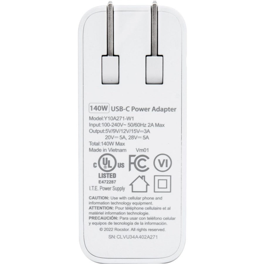 Rocstor 140W Smart USB-C&trade; Power Adapter AC Charger. Compatible with Apple&reg; MacBook&reg;, MacBook Air&reg;, MacBook Pro&reg; with Thunderbolt 3/4 (87W & 96W), MacBook Pro&reg; 13 (61 & 67W) Y10A271-W1