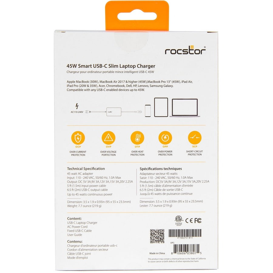Rocstor 45W Smart USB-C Laptop Power Adapter Charger Y10A272-B1