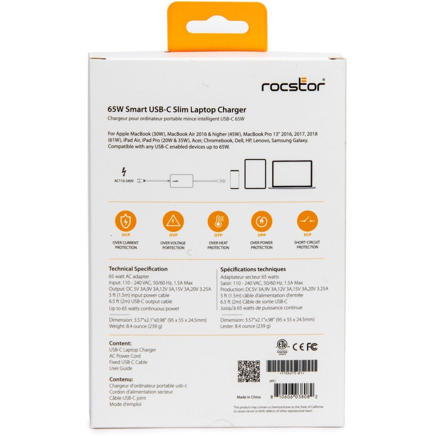 Rocstor 65W Smart USB-C Laptop Power Adapter Charger Y10A273-B1