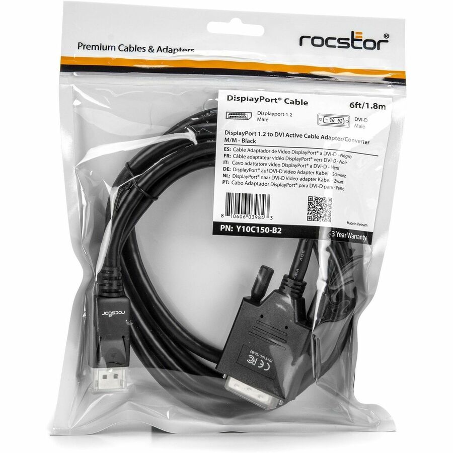 Rocstor Active DisplayPort to DVI Adapter - 6 ft DisplayPort/DVI-D Video Cable for Video