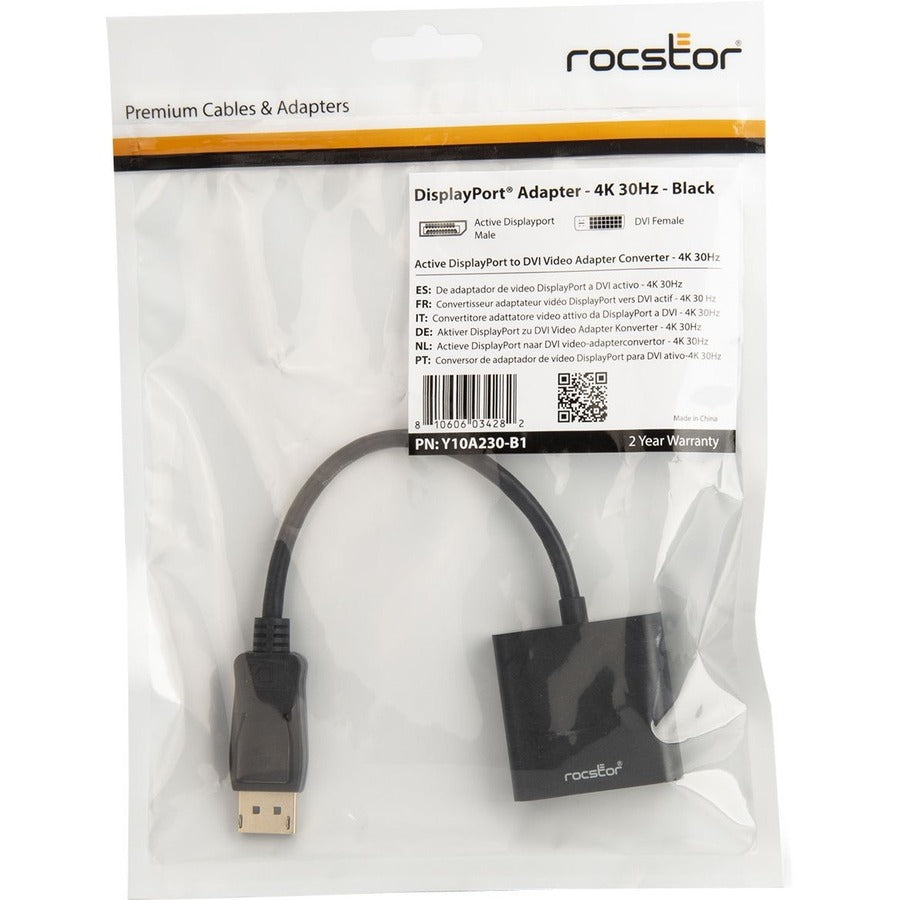 Rocstor Active DisplayPort&reg; to DVI Adapter - 4K@30Hz - Resolutions up to 3840x2160 Y10A230-B1
