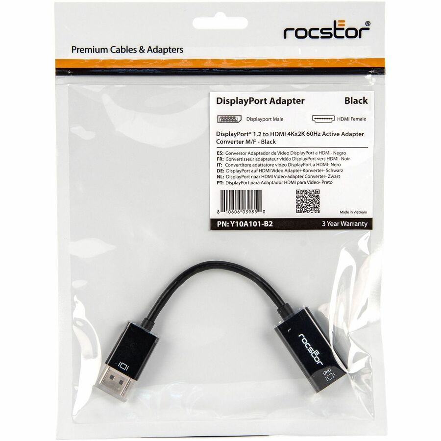 Rocstor DisplayPort 1.2 to HDMI 4K/60Hz Active Adapter Converter - M/F - Black - 1 x