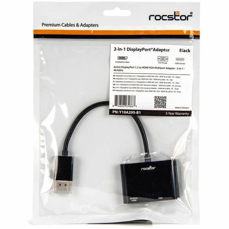 Rocstor DisplayPort To HDMI VGA Adapter - 4K 60Hz - 1 Pack - 1 x 20-pin DisplayPort 1.2