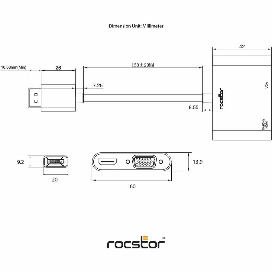 Rocstor DisplayPort To HDMI VGA Adapter - 4K 60Hz - 1 Pack - 1 x 20-pin DisplayPort 1.2