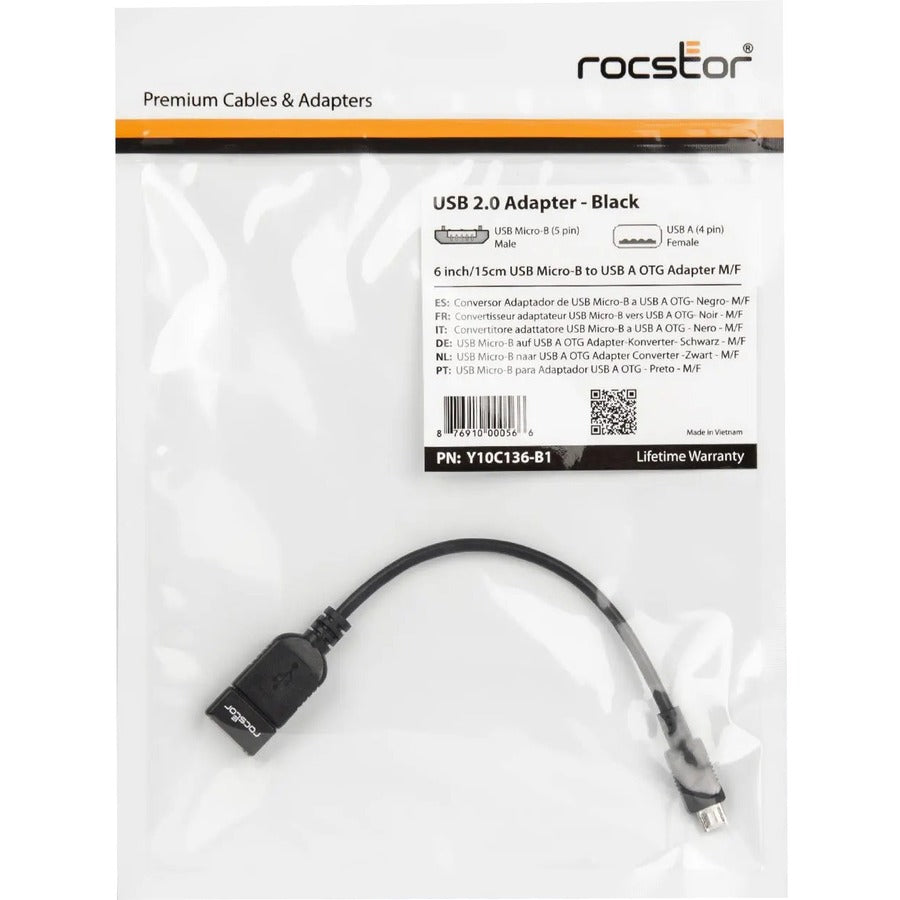 Rocstor Premier Micro USB to USB OTG Host Adapter M/F - 6in - USB Adapter for Tablet PC, Mouse, Cellular Phone , Keyboard, Digital Text Reader - 6 - 1 Pack - 1 x Micro USB Type B Male - 1 x USB Type A Female - Nickel-plated Connectors - Black" Y10C136-B1