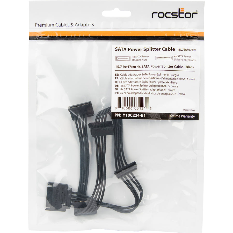 Rocstor Premium 15.7In 4 X Sata Power Splitter Adapter Cable - Sata For Hard Drive - 15.7In - 1 Pack - 1 X Sata Male - 4 X Sata Female - Black - Cable