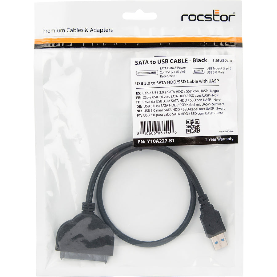 Rocstor Premium 20In 2.5" Sata Iii To Usb 3.0 Hard Drive Adapter Cable W/ Uasp - Sata To Usb 3.0 Converter For Ssd / Hdd - Sata/Usb For Notebook, Ultrabook, Storage Drive, Hard Drive, Solid State Drive - 50Cm - 1 Pack - 1 X Male Sata, 1 X Male Power - 1 X