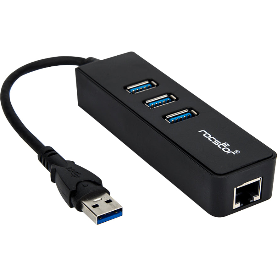 Rocstor Premium 3 Port Portable Usb 3.0 Hub With Gigabit Ethernet 10/100/1000- External Portable 3 Port Usb Hub With Gbe Adapter - Built-In Cable - Usb - 3 Usb Port(S) - 1 Network (Rj-45) Port(S) - Black - Pc, Mac Usb 3 Hub & Network Adapter